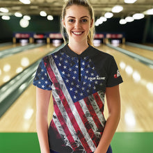 Load image into Gallery viewer, Smoke American Flag Black Women Bowling Polo, Quarter Zip shirt Custom patriotic Team bowling jersey NQS9405