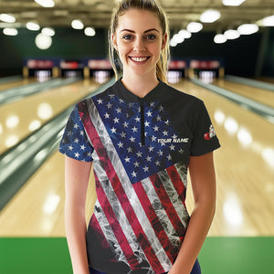 Smoke American Flag Black Women Bowling Polo, Quarter Zip shirt Custom patriotic Team bowling jersey NQS9405