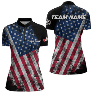 Smoke American Flag Black Women Bowling Polo, Quarter Zip shirt Custom patriotic Team bowling jersey NQS9405