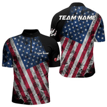 Load image into Gallery viewer, Smoke American Flag Black Bowling Polo, Quarter Zip shirt for men Custom patriotic Team bowling jersey NQS9405