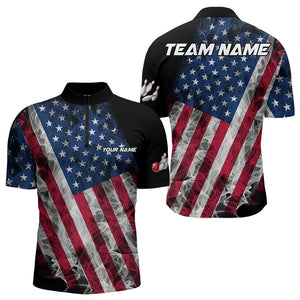 Smoke American Flag Black Bowling Polo, Quarter Zip shirt for men Custom patriotic Team bowling jersey NQS9405