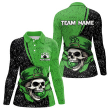 Load image into Gallery viewer, Personalized Black and Green Camo Skull Bowling Shirts For Women Custom St Patrick Team Bowling Jersey NQS9564