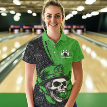 Load image into Gallery viewer, Personalized Black and Green Camo Skull Bowling Shirts For Women Custom St Patrick Team Bowling Jersey NQS9564