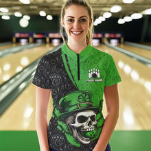 Load image into Gallery viewer, Personalized Black and Green Camo Skull Bowling Shirts For Women Custom St Patrick Team Bowling Jersey NQS9564