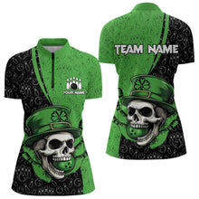 Load image into Gallery viewer, Personalized Black and Green Camo Skull Bowling Shirts For Women Custom St Patrick Team Bowling Jersey NQS9564