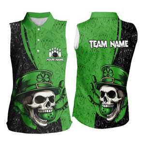 Black and Green Camo Skull Bowling Sleeveless Polo Shirt Custom St Patrick Team Bowling Jersey NQS9564