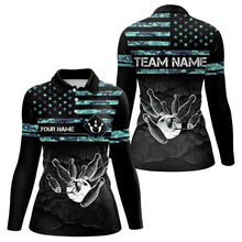 Load image into Gallery viewer, Personalized Turquoise camo American flag Custom Bowling Team Shirts For Women, Bowling League Jersey NQS9725