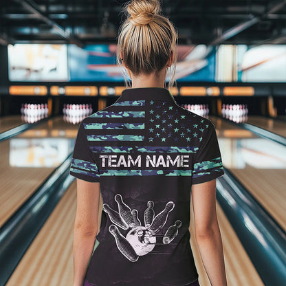 Personalized Turquoise camo American flag Custom Bowling Team Shirts For Women, Bowling League Jersey NQS9725