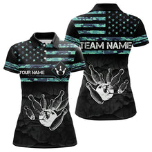 Load image into Gallery viewer, Personalized Turquoise camo American flag Custom Bowling Team Shirts For Women, Bowling League Jersey NQS9725