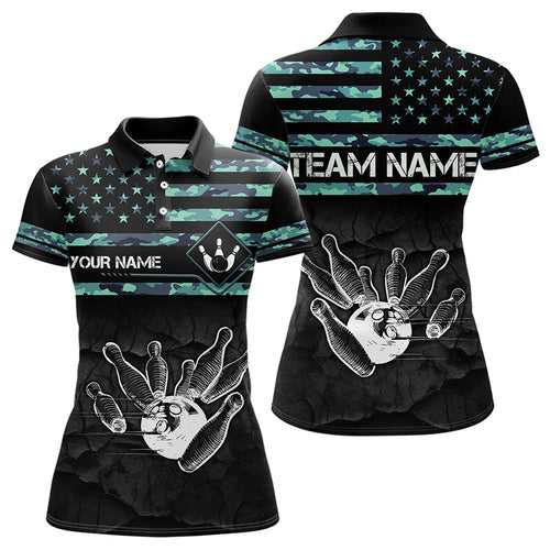 Personalized Turquoise camo American flag Custom Bowling Team Shirts For Women, Bowling League Jersey NQS9725