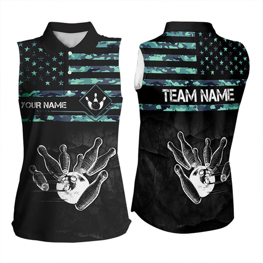 Personalized Turquoise camo American flag Custom Bowling Sleeveless Polo Shirt, Bowling League Jersey NQS9725