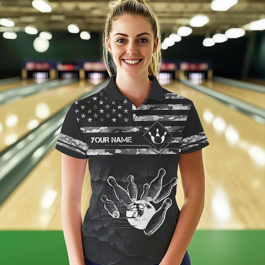 Personalized Black and White camo American flag Custom Bowling Team Shirts For Women Bowling Jersey NQS9726