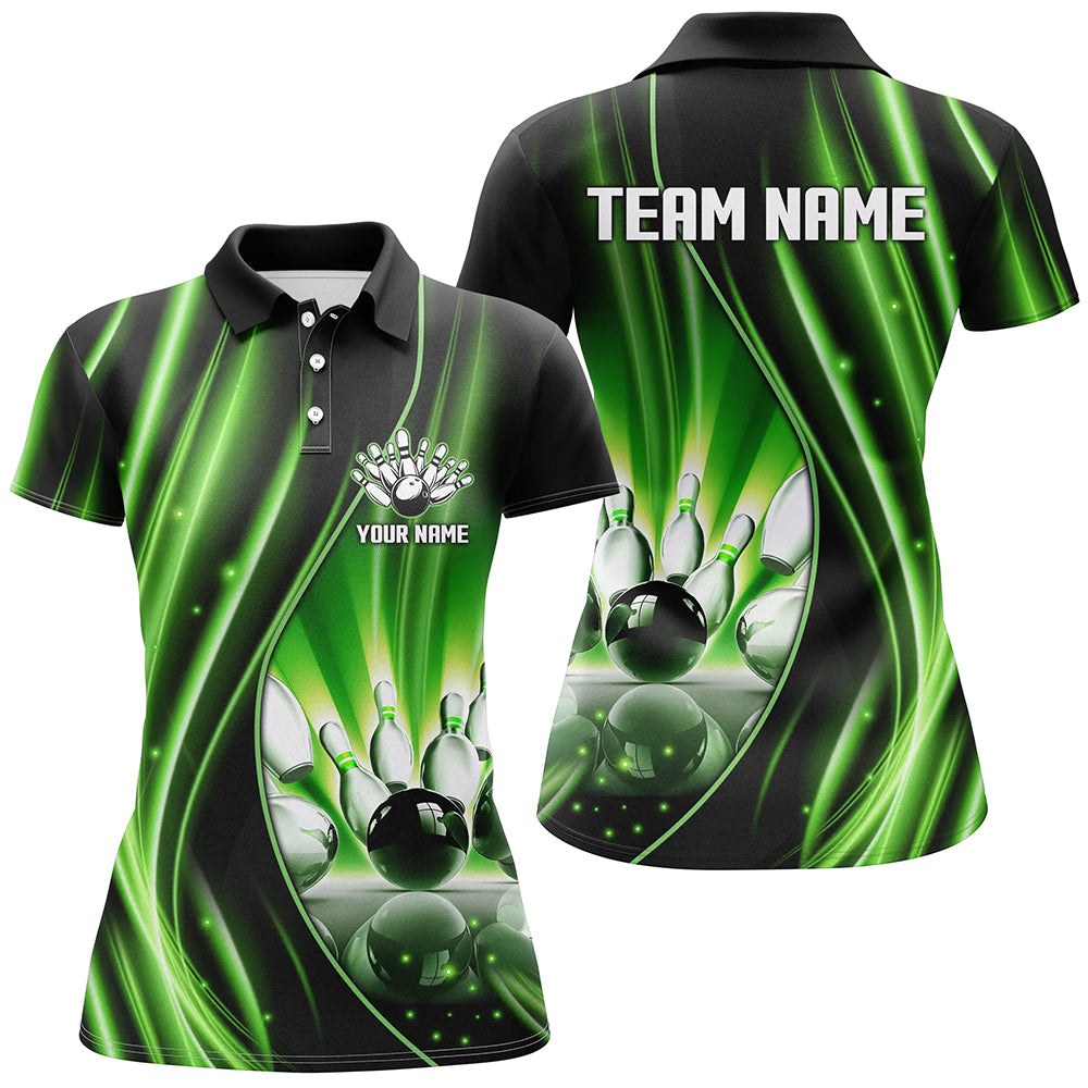 Green and black light Women Polo, 1/4 Quarter Zip Shirts Custom bowling team jerseys, gift for bowlers NQS7859