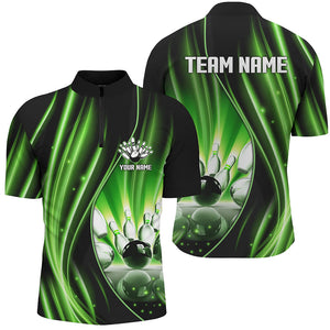 Green and black light Men Polo, 1/4 Quarter Zip Shirts Custom bowling team jerseys, gift for bowlers NQS7859