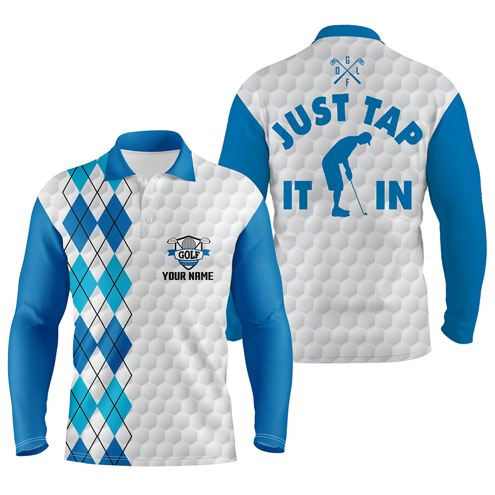 White golf shirt mens custom name Just tap it in blue argyle pattern team mens polo golf shirts NQS6157