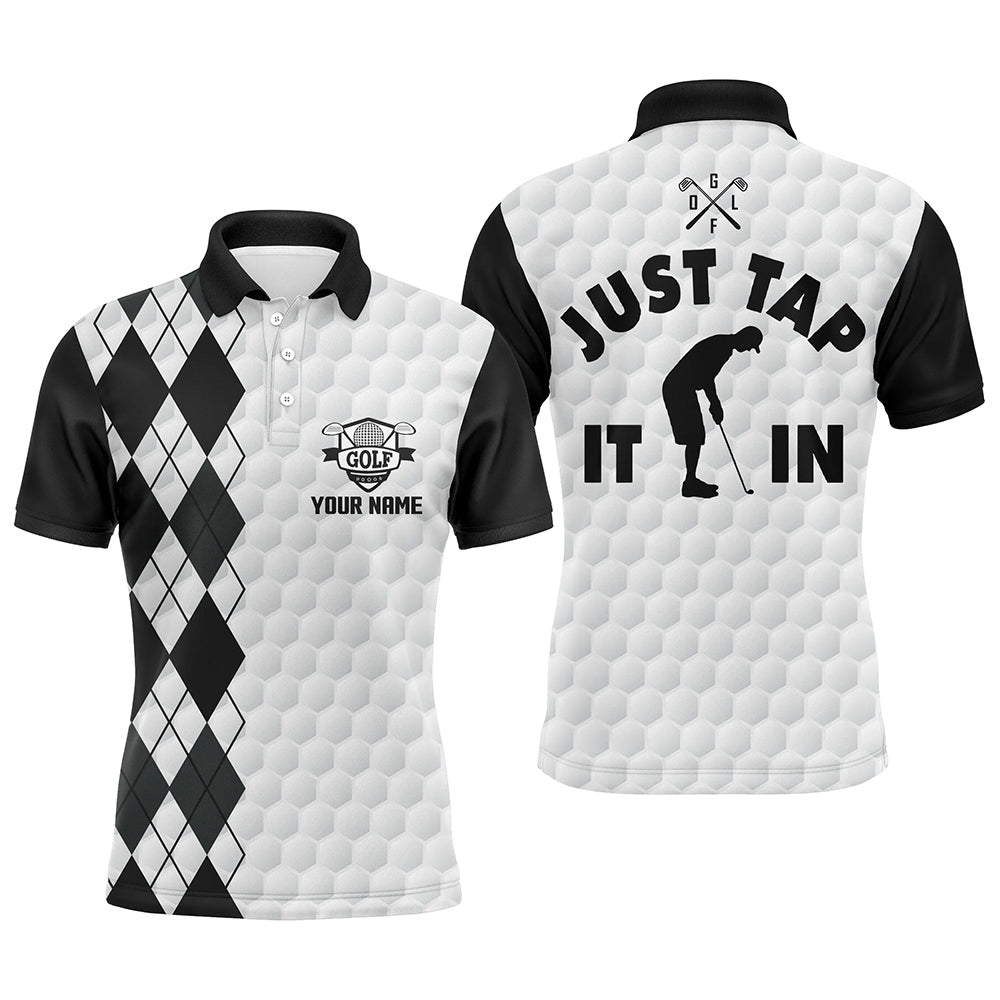 White golf shirt mens custom name Just tap it in black argyle pattern team mens polo golf shirts NQS6158