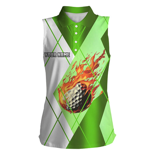 Green and White argyle pattern flame golf ball Womens sleeveless polo shirt custom ladies golf outfits NQS8301