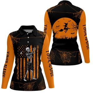 Black and Orange American Flag Halloween golf skull custom Women golf polo shirts, Halloween golf polo NQS8305