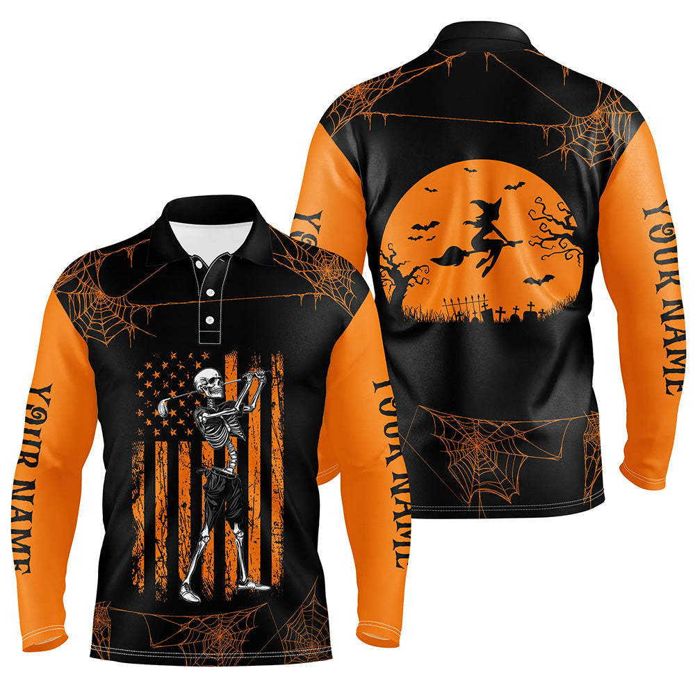 Black and Orange American Flag Halloween golf skull custom Men golf polo shirts, Halloween golf polo NQS8305