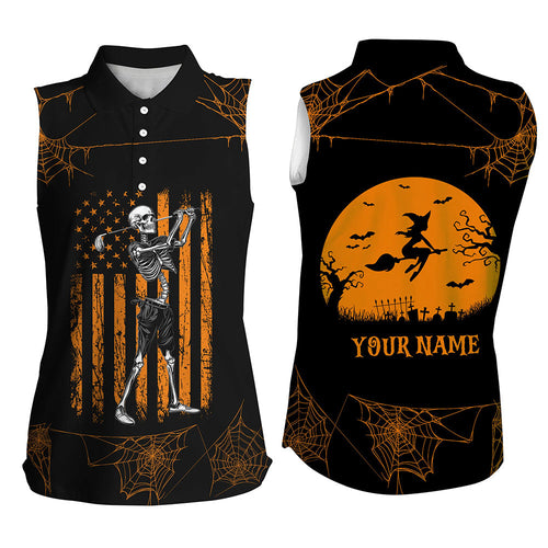 Black Orange American Flag Halloween golf skull custom Women sleeveless polo shirt,Halloween golf polo NQS8305