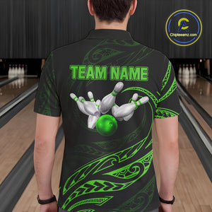 Black and Green Tribal Pattern Bowling Polo, Quarter Zip shirts For Men Custom Team Bowling Jerseys NQS10484