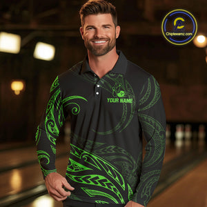 Black and Green Tribal Pattern Bowling Polo, Quarter Zip shirts For Men Custom Team Bowling Jerseys NQS10484