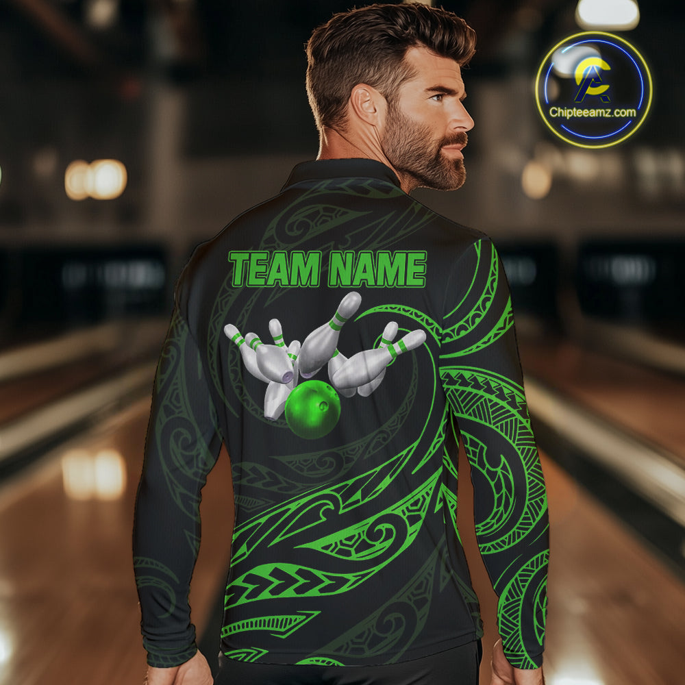 Black and Green Tribal Pattern Bowling Polo, Quarter Zip shirts For Men Custom Team Bowling Jerseys NQS10484