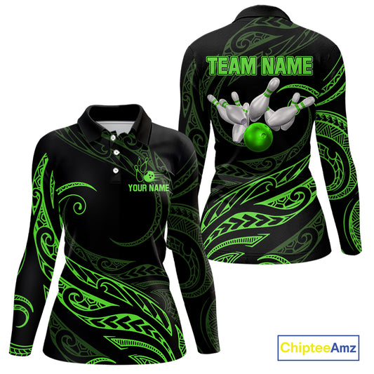 Black and Green Tribal Pattern Bowling Polo, Quarter Zip shirts For Women Custom Team Bowling Jerseys NQS10484
