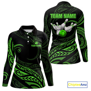Black and Green Tribal Pattern Bowling Polo, Quarter Zip shirts For Women Custom Team Bowling Jerseys NQS10484