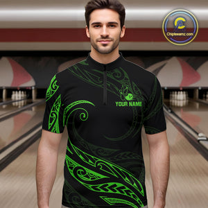 Black and Green Tribal Pattern Bowling Polo, Quarter Zip shirts For Men Custom Team Bowling Jerseys NQS10484