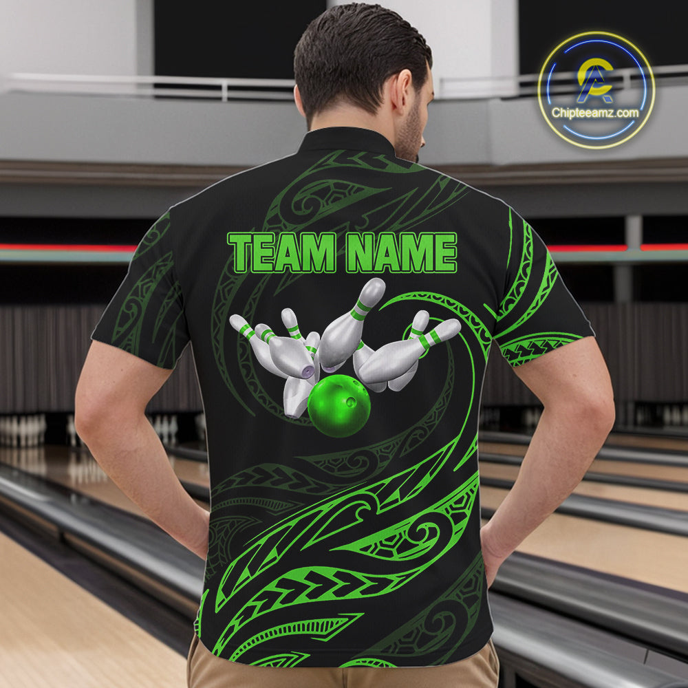Black and Green Tribal Pattern Bowling Polo, Quarter Zip shirts For Men Custom Team Bowling Jerseys NQS10484