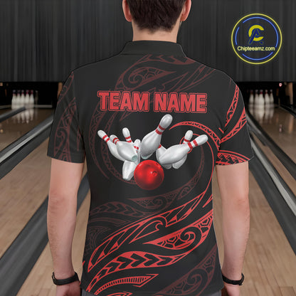 Black and Red Tribal Pattern Bowling Polo, Quarter Zip shirts For Men Custom Team Bowling Jerseys NQS10485
