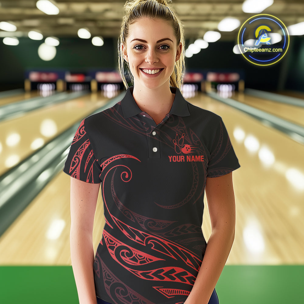 Black and Red Tribal Pattern Bowling Polo, Quarter Zip shirts For Women Custom Team Bowling Jerseys NQS10485