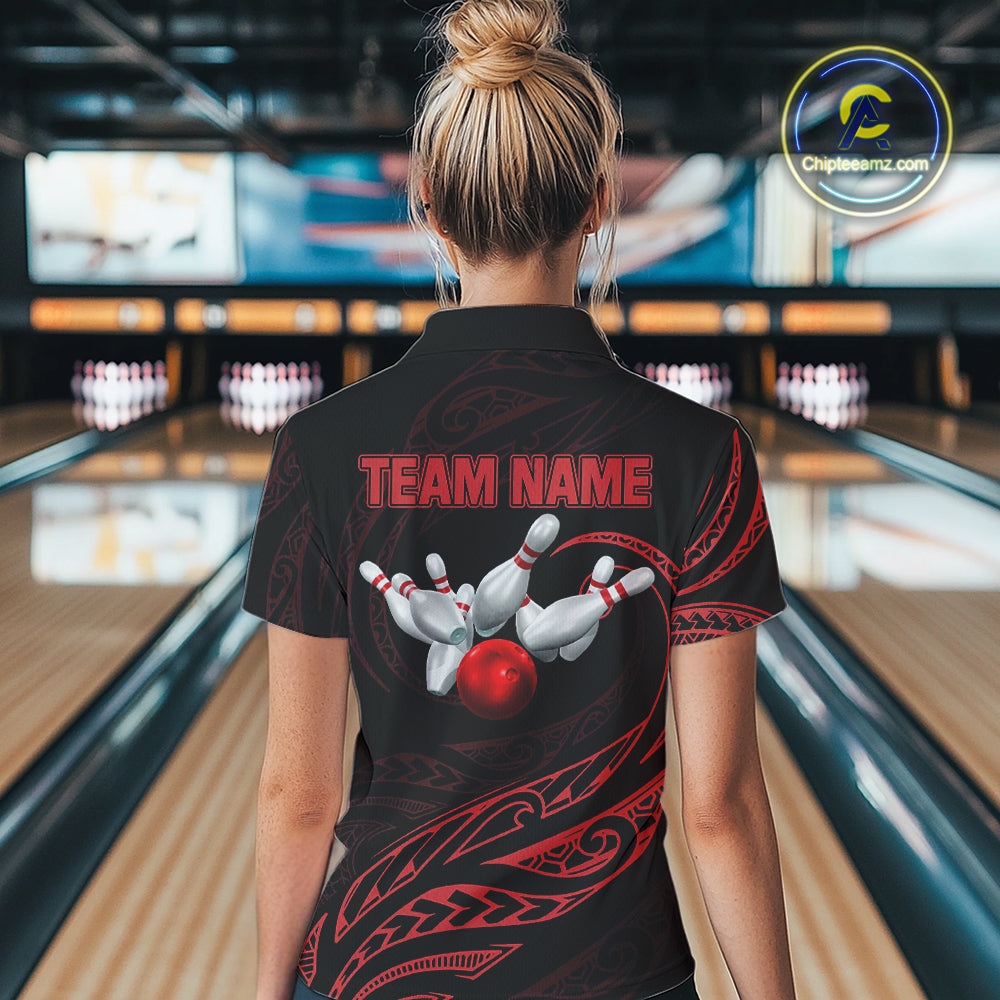 Black and Red Tribal Pattern Bowling Polo, Quarter Zip shirts For Women Custom Team Bowling Jerseys NQS10485