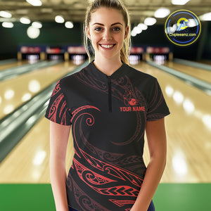 Black and Red Tribal Pattern Bowling Polo, Quarter Zip shirts For Women Custom Team Bowling Jerseys NQS10485