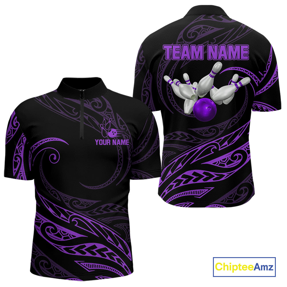 Black and Purple Tribal Pattern Bowling Polo, Quarter Zip shirts For Men Custom Team Bowling Jerseys NQS10486