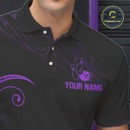 Black and Purple Tribal Pattern Bowling Polo, Quarter Zip shirts For Men Custom Team Bowling Jerseys NQS10486