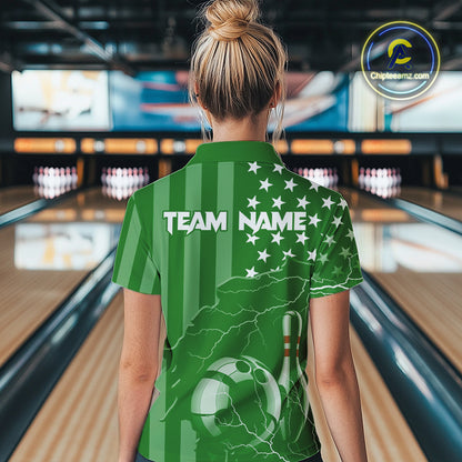 Personalized Green American flag Lightning thunder Custom Bowling Team Shirt For Women Bowling Jersey NQS10487