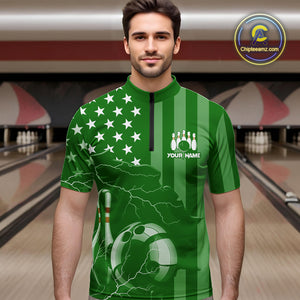 Personalized Green American flag Lightning thunder Custom Bowling Team Shirts For Mens Bowling Jersey NQS10487