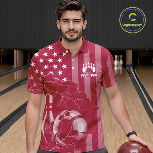 Personalized Pink American flag Lightning thunder Custom Bowling Team Shirts For Mens Bowling Jersey NQS10488