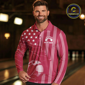 Personalized Pink American flag Lightning thunder Custom Bowling Team Shirts For Mens Bowling Jersey NQS10488