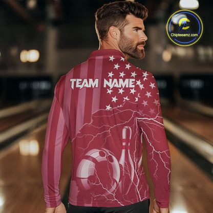 Personalized Pink American flag Lightning thunder Custom Bowling Team Shirts For Mens Bowling Jersey NQS10488