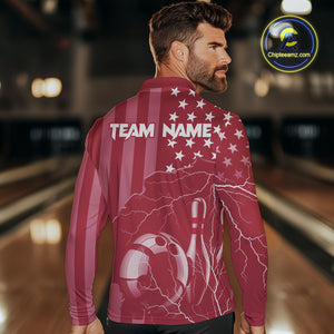 Personalized Pink American flag Lightning thunder Custom Bowling Team Shirts For Mens Bowling Jersey NQS10488