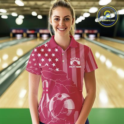 Personalized Pink American flag Lightning thunder Custom Bowling Team Shirt For Women Bowling Jersey NQS10488