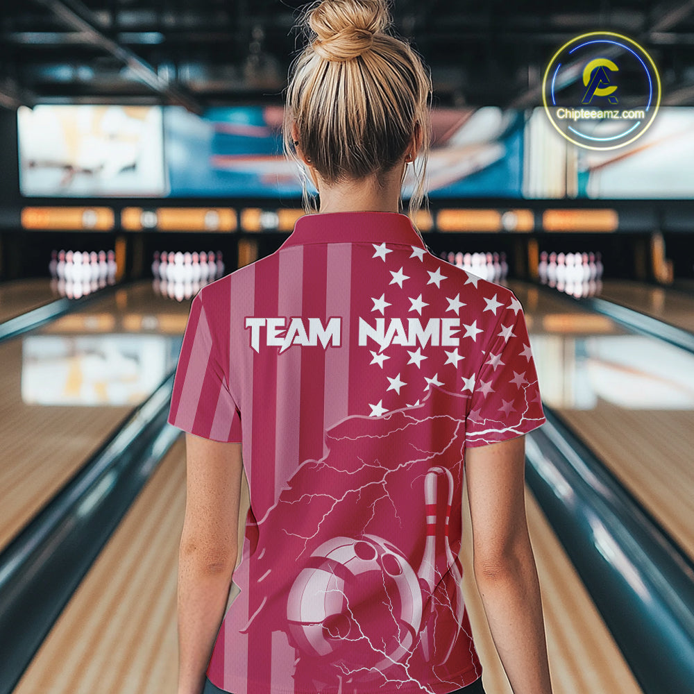 Personalized Pink American flag Lightning thunder Custom Bowling Team Shirt For Women Bowling Jersey NQS10488