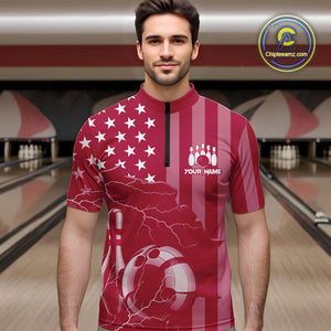 Personalized Pink American flag Lightning thunder Custom Bowling Team Shirts For Mens Bowling Jersey NQS10488