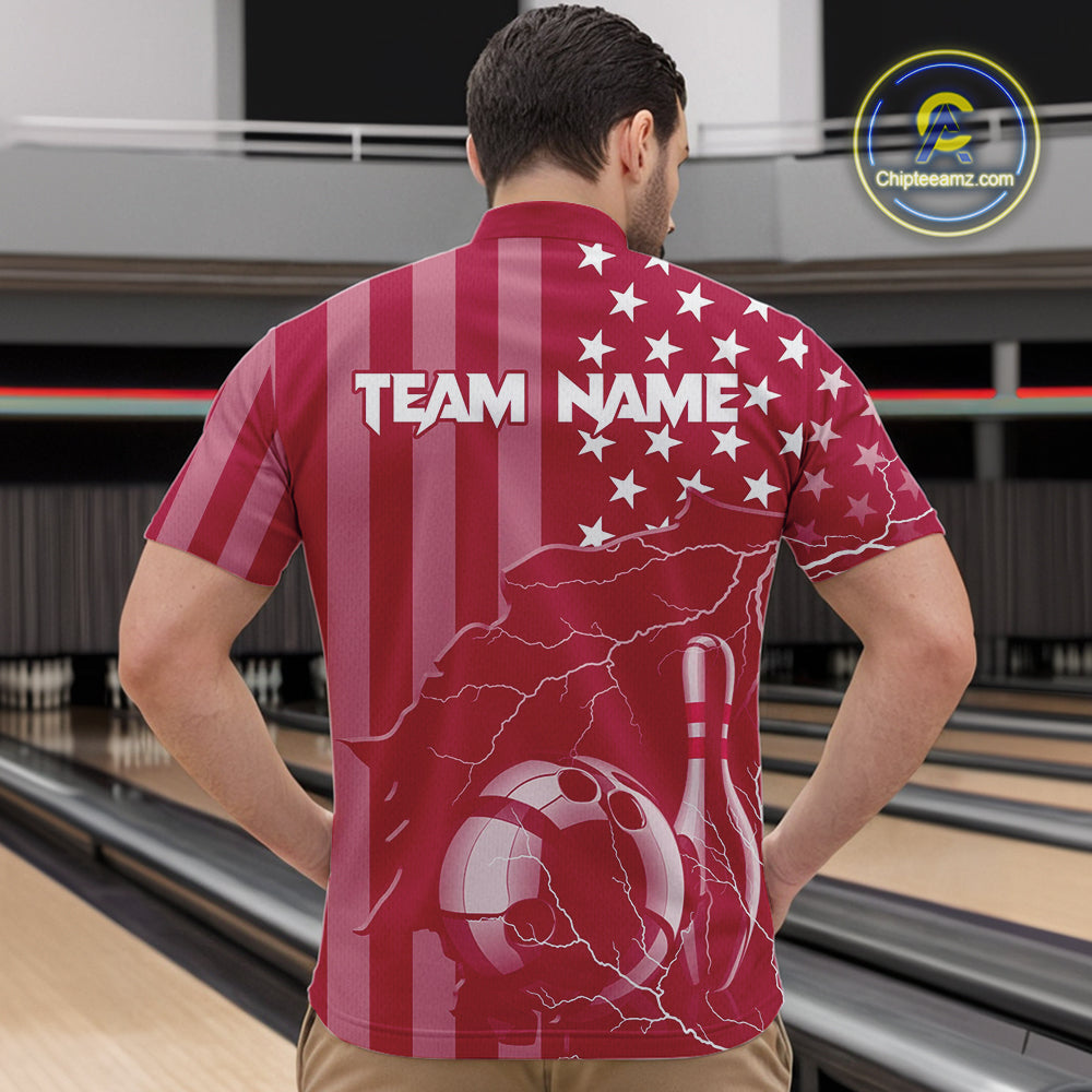 Personalized Pink American flag Lightning thunder Custom Bowling Team Shirts For Mens Bowling Jersey NQS10488