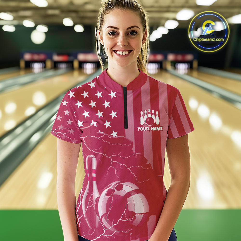 Personalized Pink American flag Lightning thunder Custom Bowling Team Shirt For Women Bowling Jersey NQS10488