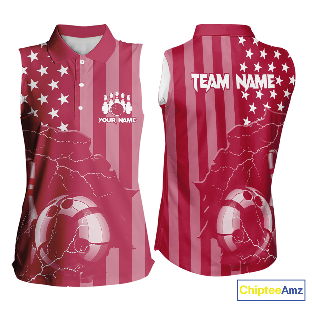 Personalized Pink American flag Lightning thunder Custom Bowling Sleeveless Polos Bowling Jersey NQS10488