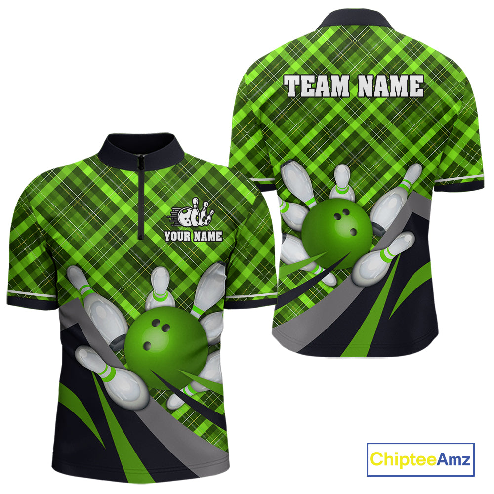 Green Plaid Christmas pattern Bowling shirts For Men Custom Team Bowling Jersey Xmas Gift For Bowlers NQS10492